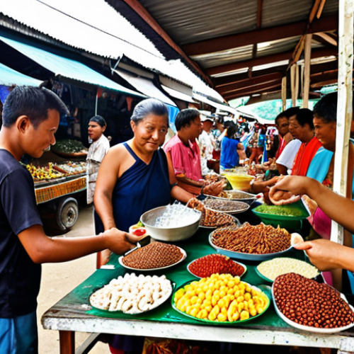 Home 4 A bustling local market in Terengganu, Malaysia, with vendors selling colorful batik fabrics, fresh produce, and handmade crafts. Tourists are interacting with the vendors, buying souvenirs, and enjoying local delicacies like "keropok lekor." This scene showcases the positive impact of responsible tourism on the local economy.