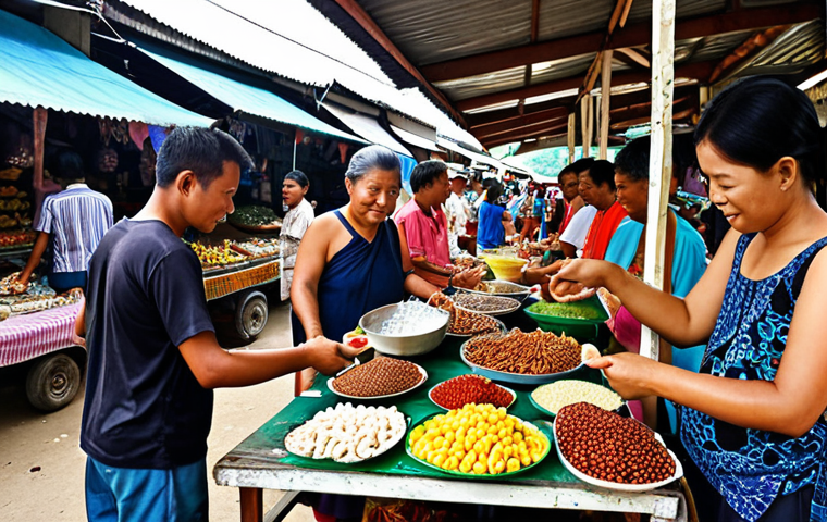A bustling local market in Terengganu, Malaysia, with vendors selling colorful batik fabrics, fresh produce, and handmade crafts. Tourists are interacting with the vendors, buying souvenirs, and enjoying local delicacies like "keropok lekor." This scene showcases the positive impact of responsible tourism on the local economy.
